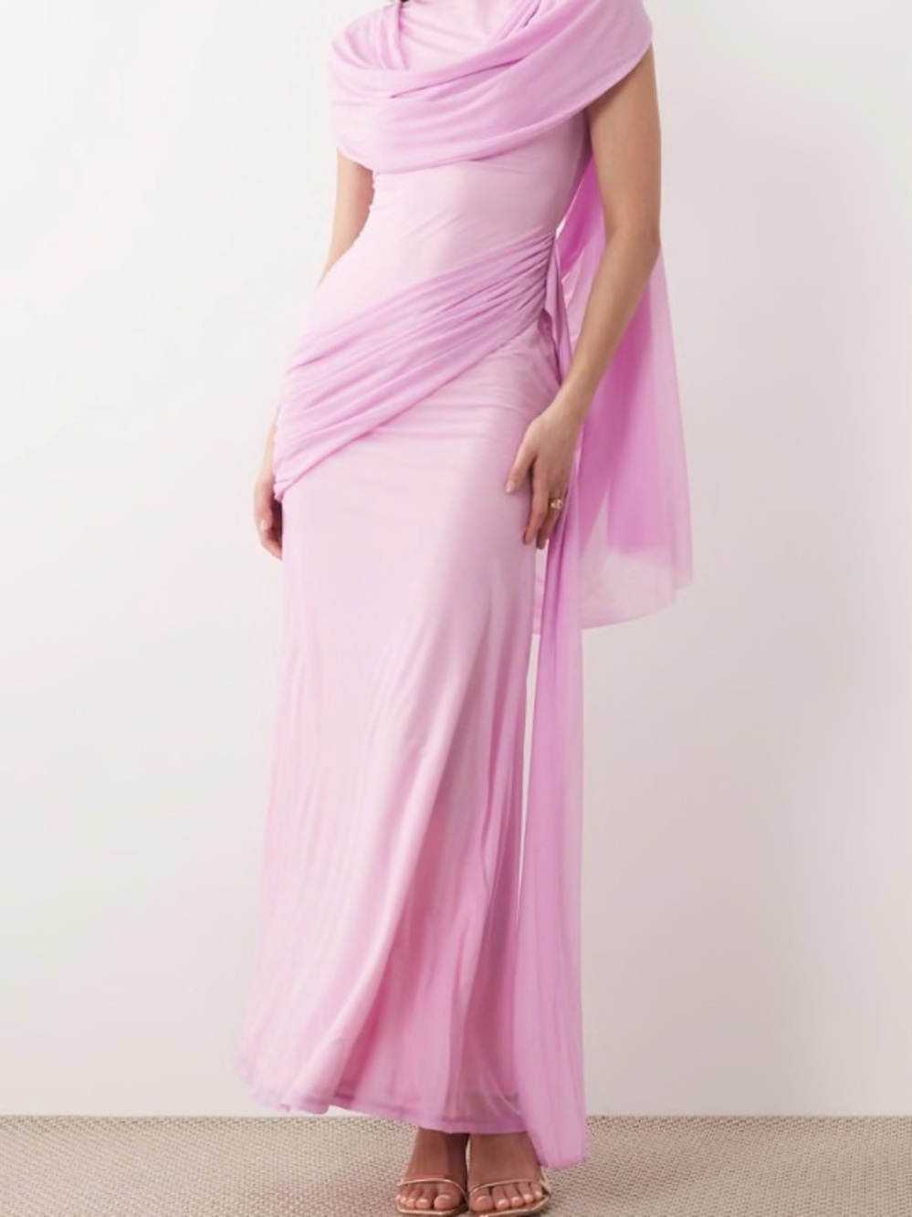 ASOS stretch chiffon cape detail cowl maxi dress with sash detail in baby pink